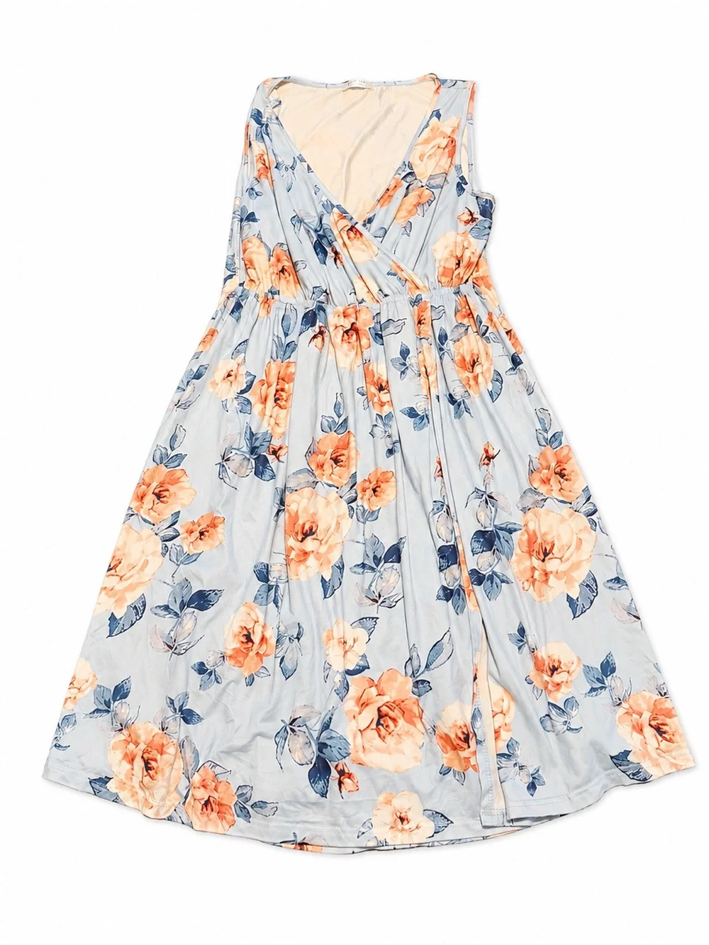 Ekouaer Blue Peach Floral Faux Wrap Midi Dress Large